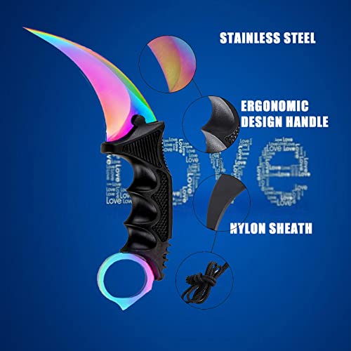 TOPOINT Karambit Knife, Stainless Steel Fixed Blade Knife with Sheath and Cord Knife CS-GO for Hunting Camping and Field Survival (Rainbow)