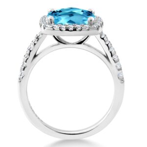 Gem Stone King 925 Sterling Silver Swiss Blue Topaz and White Created Sapphire Engagement Ring For Women (2.80 Cttw, Cushion Cut 8MM, Available in size 5, 6, 7, 8, 9)