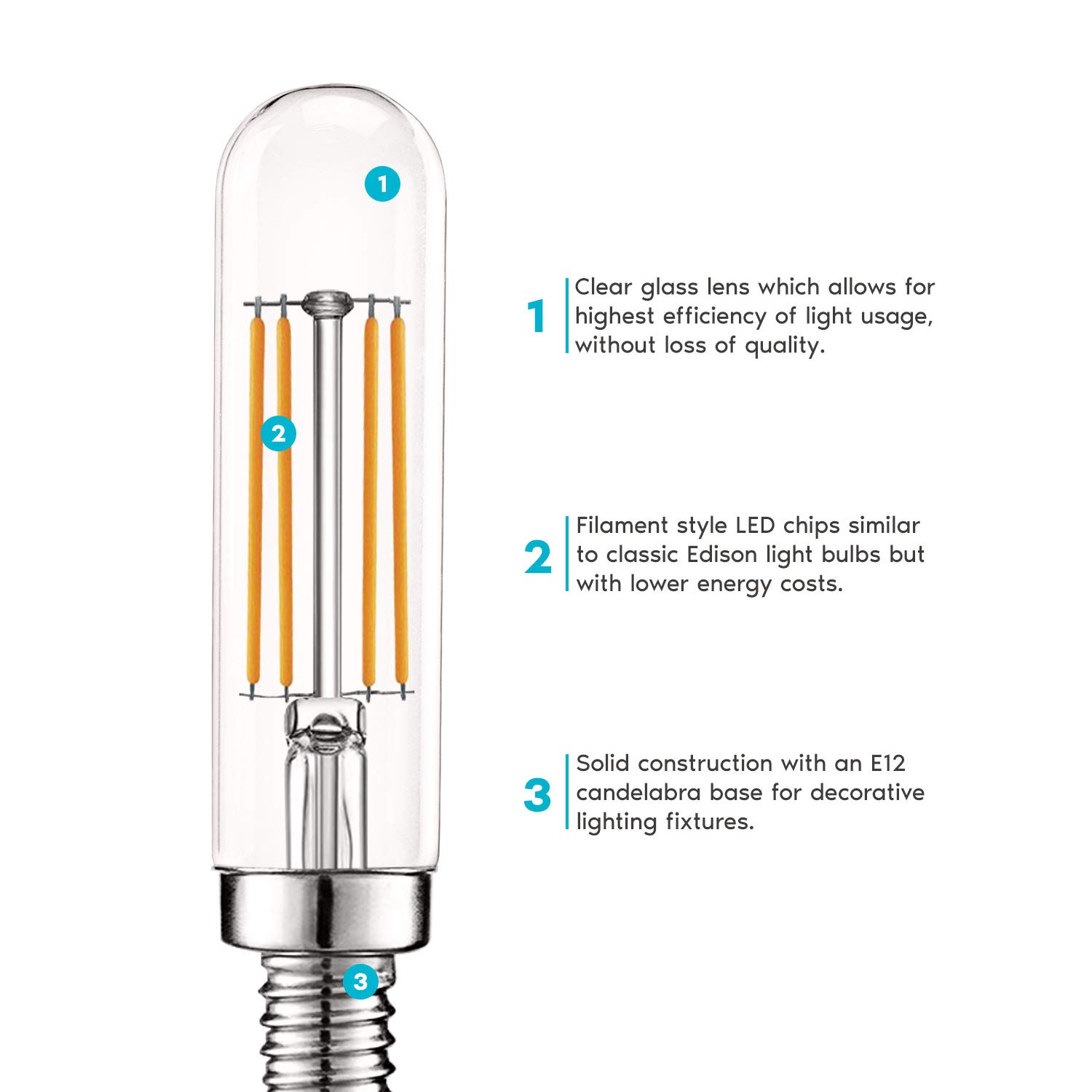 LUXRITE Vintage E12 LED Bulb 60W Equivalent, T6 T6.5, 2700K (Warm White), 500 Lumens, Dimmable Candelabra LED Tube Bulbs 5W, Clear Glass, Edison Filament Tubular Light Bulb, UL Listed (6 Pack)