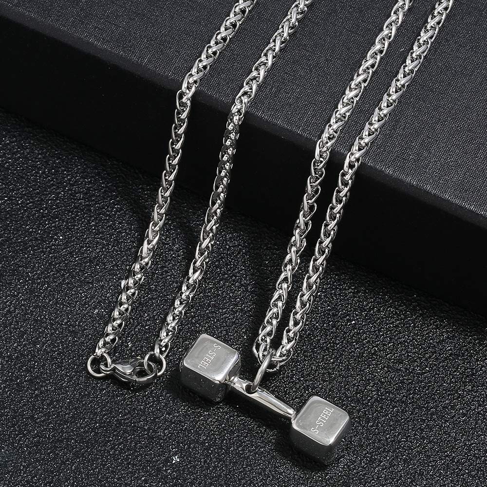 FIZIZDH Stainless Steel Weightlifting Barbell Pendant Necklace, Unisex, 24 inch Keel Link Chain