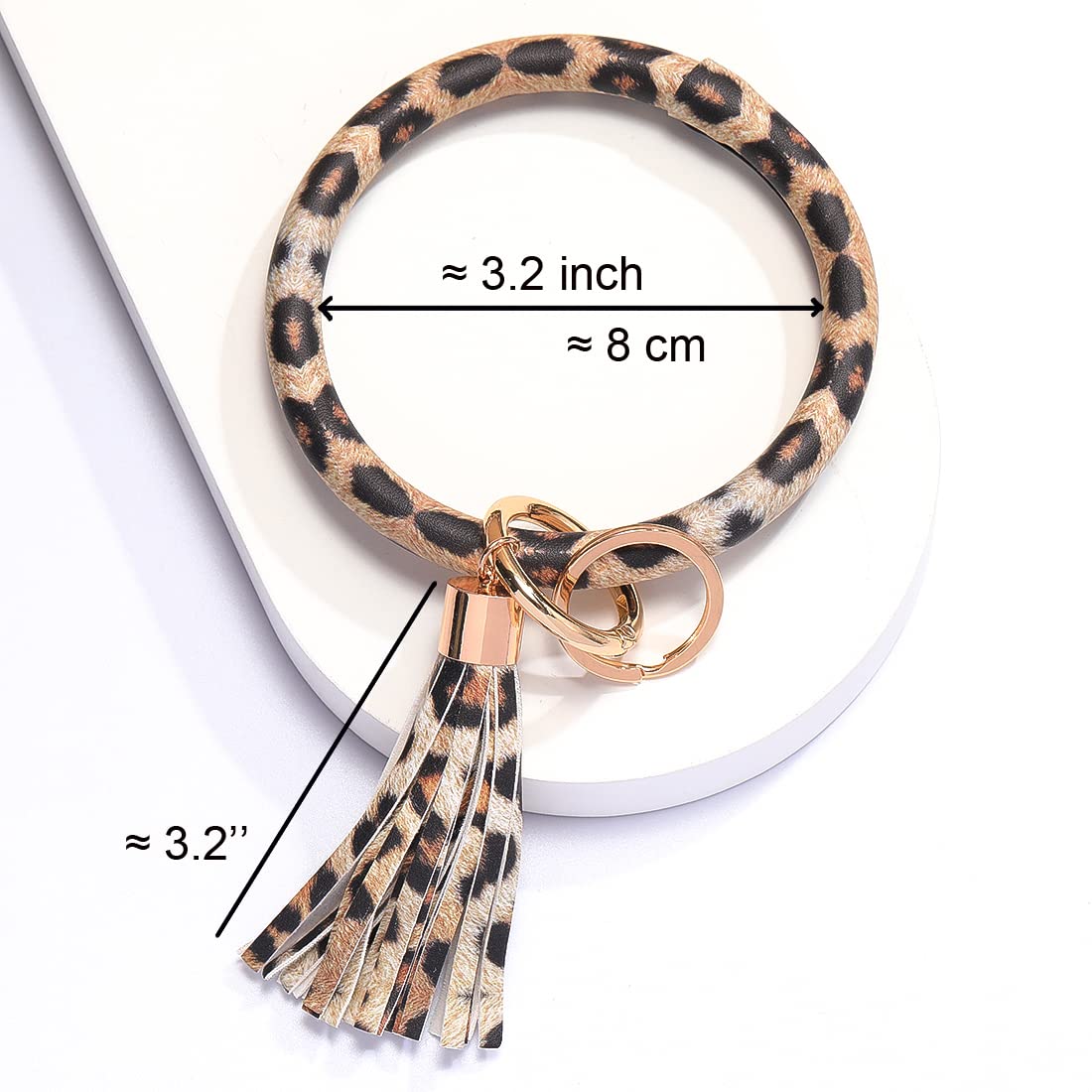 Coolcos Key Ring Bracelets Wristlet Keychain Bangle Keyring - Large Circle Leather Tassel Bracelet Holder For Women Gift (A Leopard)