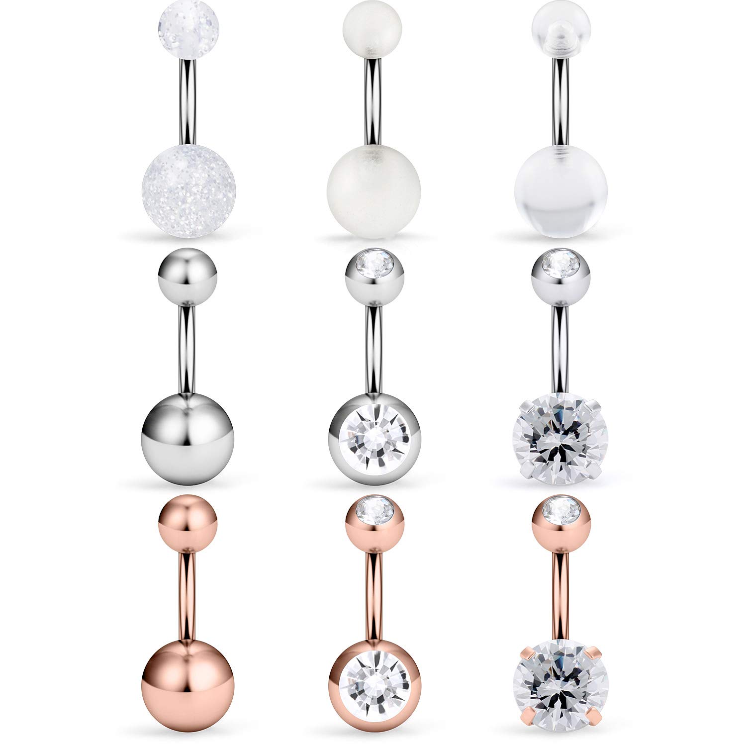 SCERRING 9PCS 16G 6mm 1/4 Inch 316L Surgical Steel Short Belly Button Rings Dangle Belly Earring CZ Navel Ring Barbell Body Piercing Silver & Rose Gold