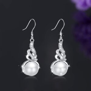 LONAGO Pearl Drop Earring White Pearl Dangle Earrings with Angel Wing Cubic Zirconia Silver Pearls Dangle Earring for Women