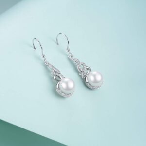 LONAGO Pearl Drop Earring White Pearl Dangle Earrings with Angel Wing Cubic Zirconia Silver Pearls Dangle Earring for Women