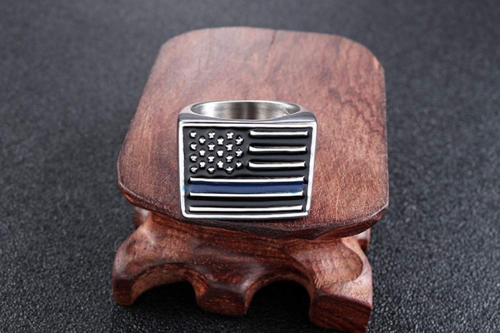 Sping Jewelry Blue Line USA Flag Ring Black American Police Flags Signet Biker Band