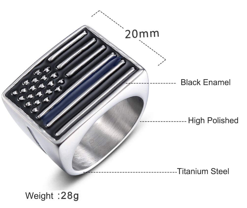 Sping Jewelry Blue Line USA Flag Ring Black American Police Flags Signet Biker Band