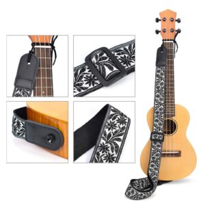 CLOUDMUSIC Tenor Concert Soprano Baritone Ukulele Strap Coloful Hawaii Floral Jacquard For Adult Size And Kids(Black Leaves)