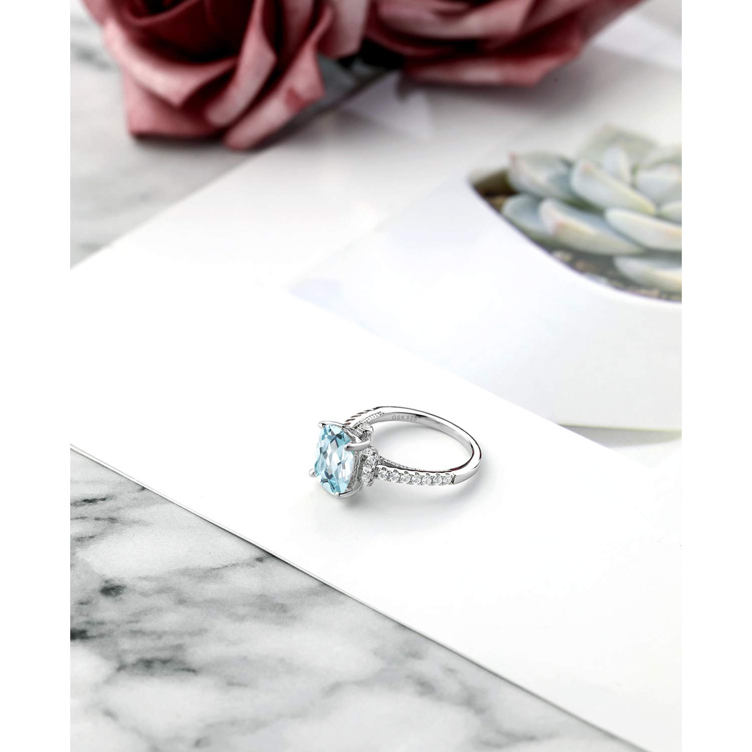 Gem Stone King 925 Sterling Silver Sky Blue Simulated Aquamarine and White Created Sapphire Ring For Women (3.11 Cttw, Available in size 5, 6, 7, 8, 9)