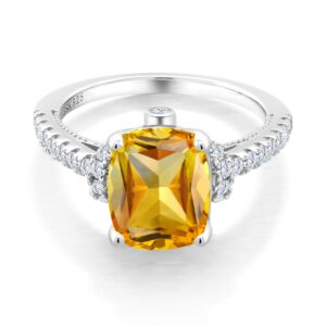 gem stone king 925 sterling silver yellow citrine and white created sapphire ring for women (3.25 cttw, cushion 10x8mm, gemstone birthstone, available in size 5, 6, 7, 8, 9)