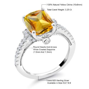 Gem Stone King 925 Sterling Silver Yellow Citrine and White Created Sapphire Ring For Women (3.25 Cttw, Cushion 10X8MM, Gemstone Birthstone, Available In Size 5, 6, 7, 8, 9)