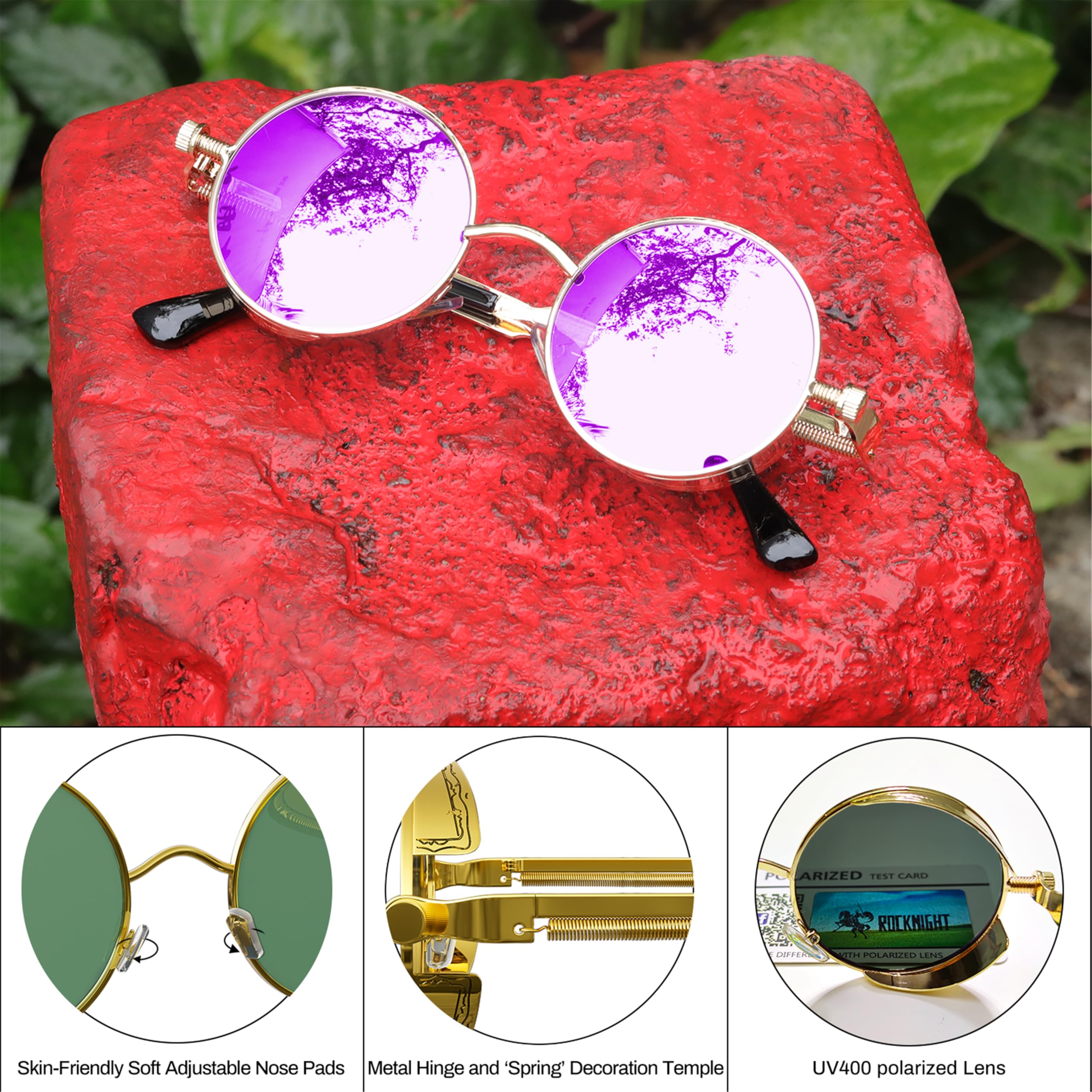 ROCKNIGHT Womens Sunglasses Round Mirrored Sunglasses for Women Polarized UV Protection Purple Vintage Sunglasses Ladies UV400 Sunglasses Gifts