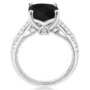 Gem Stone King 925 Sterling Silver Black Onyx and White Created Sapphire Engagement Ring For Women (4.07 Cttw, Cushion Checkerboard Cut 10MM, Gemstone Birthstone, Available In Size 5, 6, 7, 8, 9)