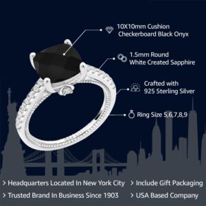 Gem Stone King 925 Sterling Silver Black Onyx and White Created Sapphire Engagement Ring For Women (4.07 Cttw, Cushion Checkerboard Cut 10MM, Gemstone Birthstone, Available In Size 5, 6, 7, 8, 9)