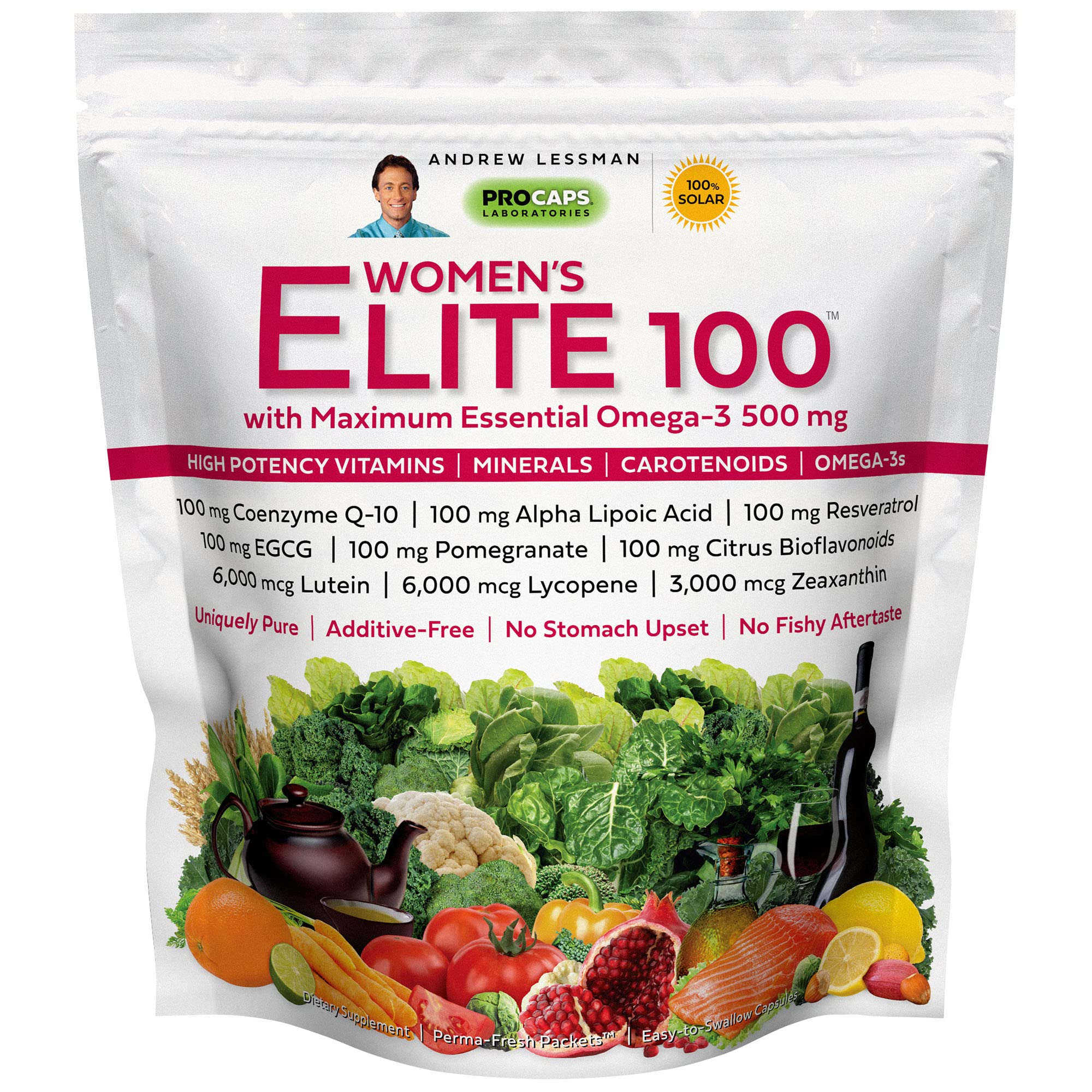 ANDREW LESSMAN Multivitamin - Women's Elite-100 with Maximum Essential Omega-3 500 mg 60 Packets – 40+ Potent Nutrients, Essential Vitamins, Minerals, Phytonutrients and Carotenoids. No Additives