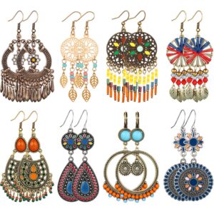 8 Pairs Bohemian Earrings for Women Dangle Earrings Retro Metal Hollow Earrings Boho Hoop Earrings Set (Vibrant Style)