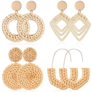 meekoo 4 pairs rattan earrings for women beach essentials tassel dangle boho straw earrings(boho)