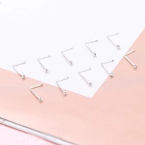 Sllaiss 10Pcs 22G Sterling Silver Small L Shape Nose Ring Studs for Women Mens Czech Crystal Curved Nose Piercings Set Body Jewelry Hypoallergenic 1.5mm