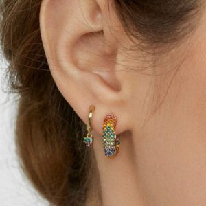 CiNily Huggie Hoop Earrings, Rainbow Colorful Crystal Yellow Gold Plated Cuff Earrings Fashion Small Hoop Earrings for Women