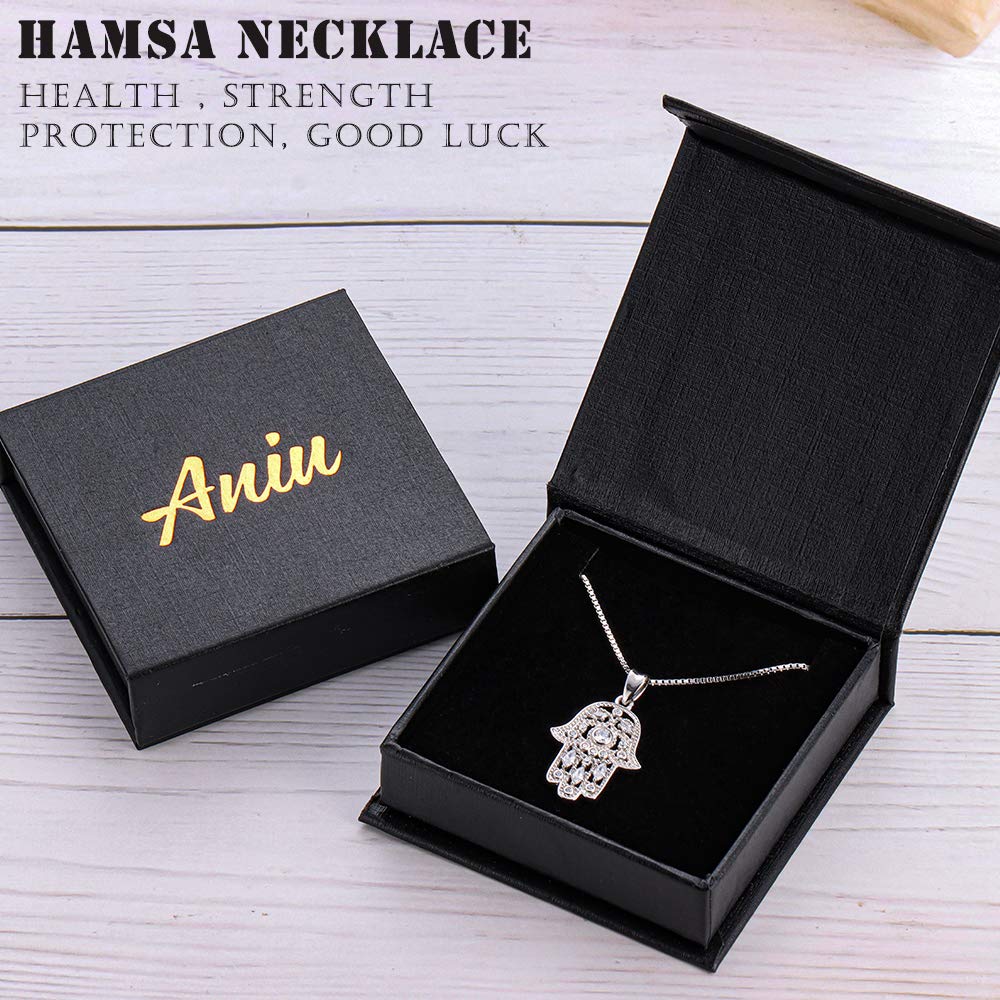 Aniu 925 Sterling Silver Jewelry for Women, Hamsa Hand of Fatima Evil Eye Jewelry with Cubic Zirconia, Comes with Black Jewelry Gift Box