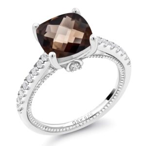 Gem Stone King 925 Sterling Silver Smoky Quartz and White Created Sapphire Engagement Ring For Women (4.12 Cttw, Cushion Checkerboard 10MM, Available in size 5, 6, 7, 8, 9)