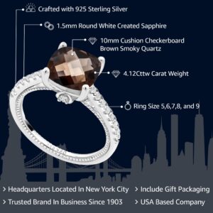 Gem Stone King 925 Sterling Silver Smoky Quartz and White Created Sapphire Engagement Ring For Women (4.12 Cttw, Cushion Checkerboard 10MM, Available in size 5, 6, 7, 8, 9)