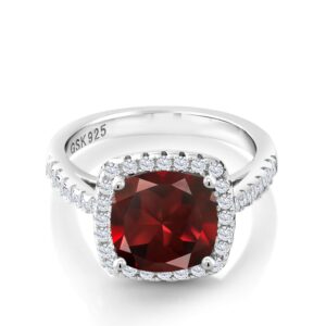 Gem Stone King 925 Sterling Silver Red Garnet and White Created Sapphire Ring For Women (3.10 Cttw, Cushion Cut 8MM, Gemstone Birthstone, Available In Size 5,6,7,8,9)