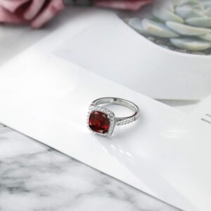 Gem Stone King 925 Sterling Silver Red Garnet and White Created Sapphire Ring For Women (3.10 Cttw, Cushion Cut 8MM, Gemstone Birthstone, Available In Size 5,6,7,8,9)