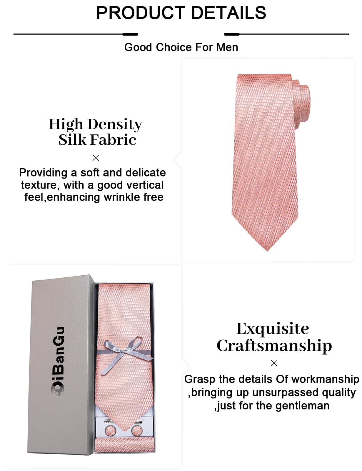 DiBanGu Plaid Ties for Men Silk Checkered Necktie and Pocket Square Cufflinks Tie Clip Set with Gift Box for Wedding Business, Rose Gold