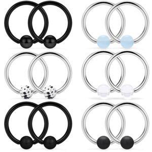 SCERRING 6 Pairs 16G Stainless Steel Captive Bead Ring Nipple Rings Hoop Cartilage Earrings Nipplerings Piercing Jewelry for Women Men 14mm Black