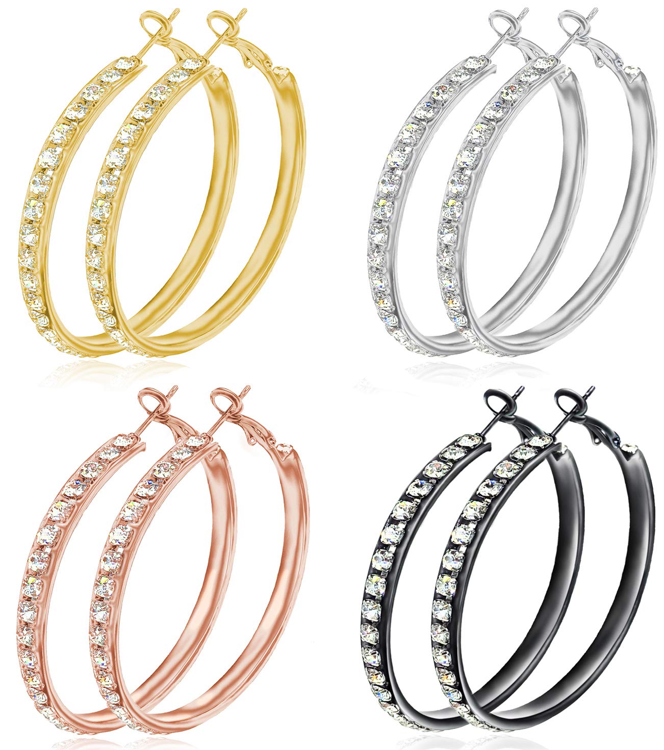 Cocadant 4 Pairs CZ 50mm Big Hoop Earrings Set for Women,Hypoallergenic Gold Hoop Earrings Silver Hoop Earrings Black Hoop Earrings for Women