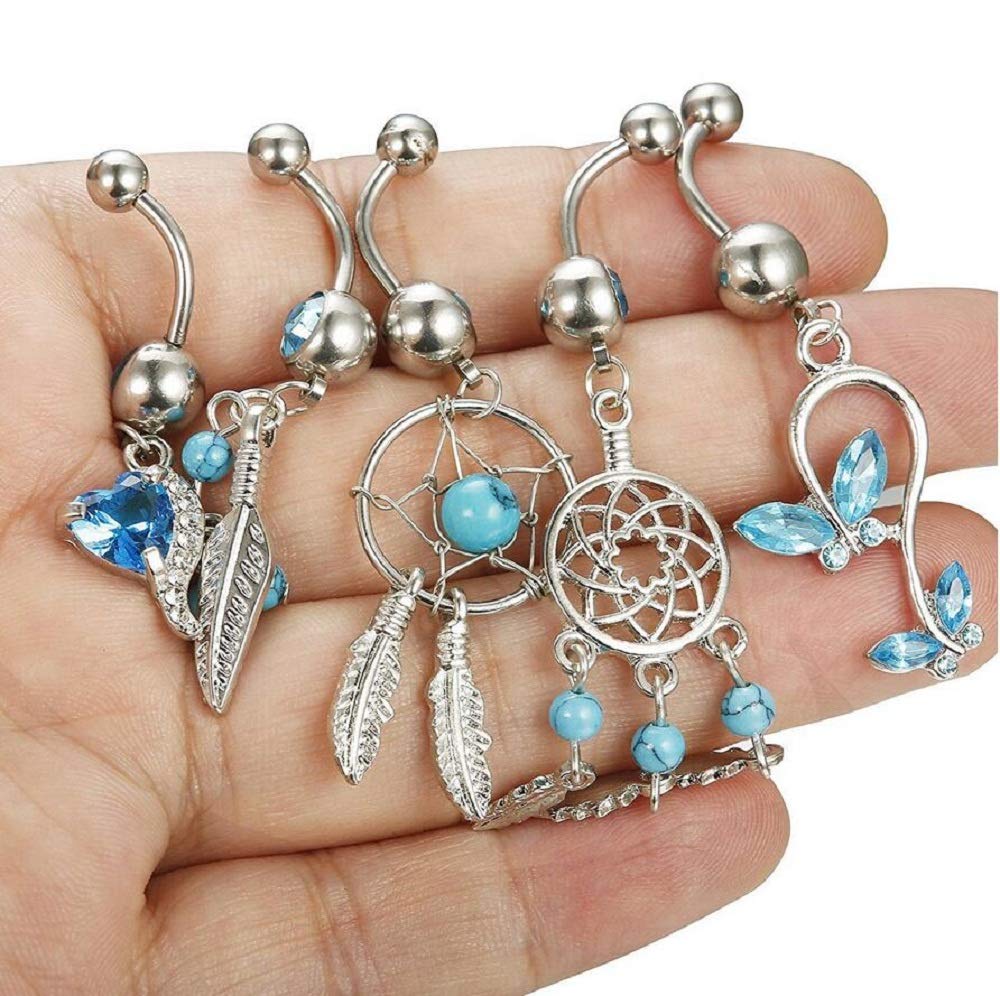 XIGUA MELON 5Pcs Female Button Navel Ring, 316L Medical Steel Body Piercing Dream Catcher Belly Button Set