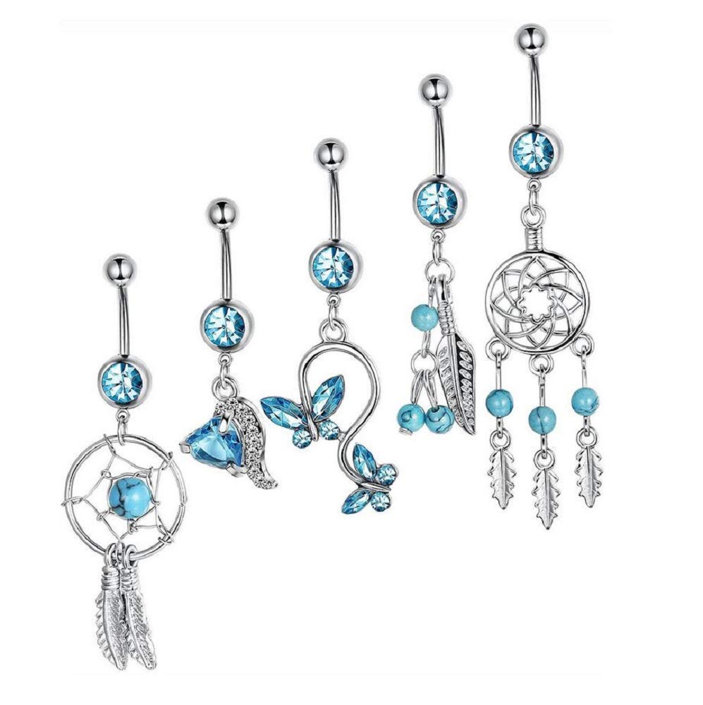 XIGUA MELON 5Pcs Female Button Navel Ring, 316L Medical Steel Body Piercing Dream Catcher Belly Button Set