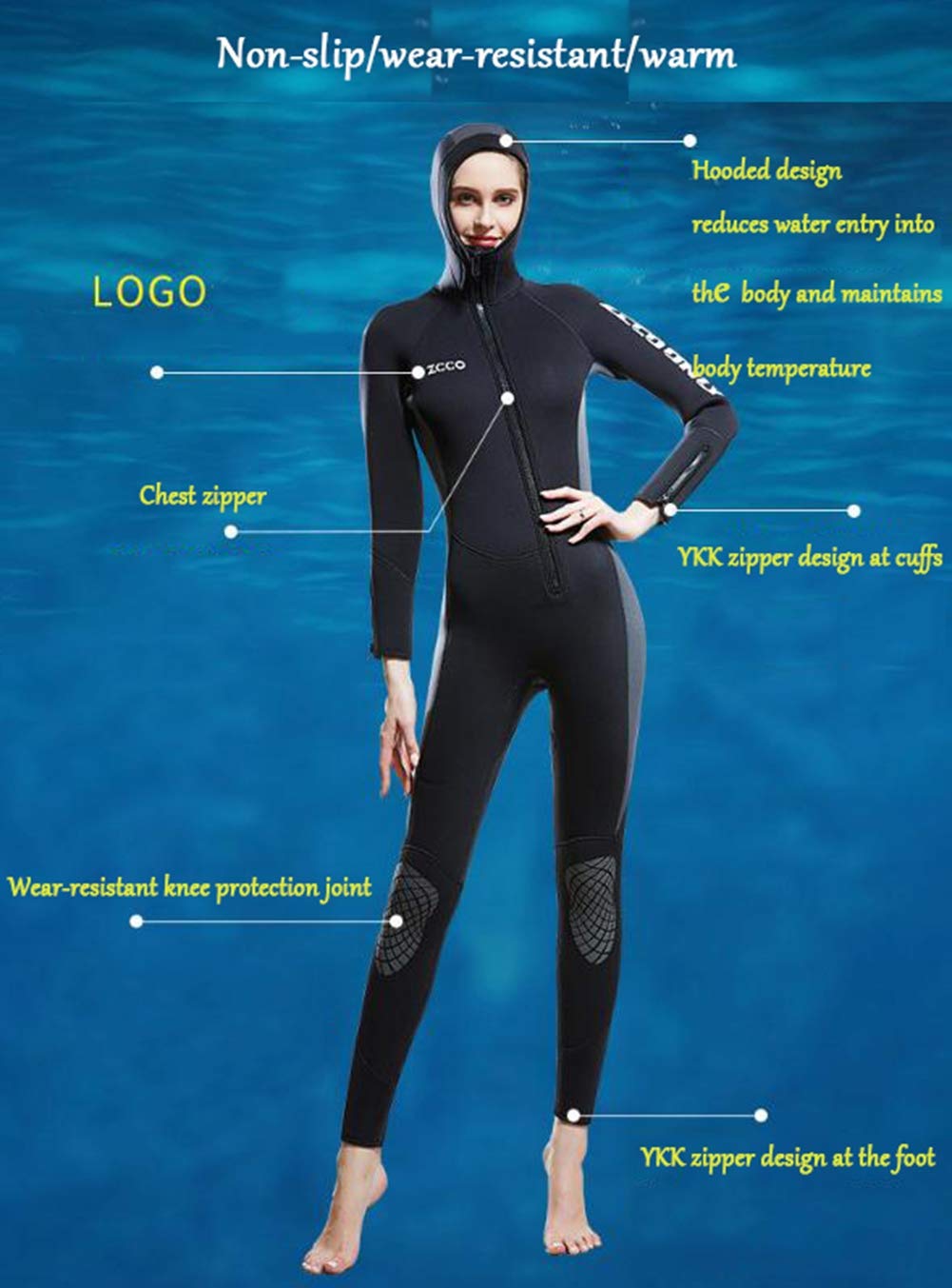 Xinsy Women's 5MM Neoprene Hooded Wetsuit Full Body Warm Padded Knee Pads Front Zipper Diving Suit for Spearfishing,Scuba, Stand-Up Paddle Boarding,S