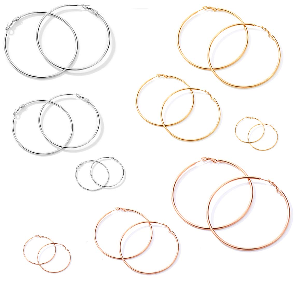 Cocamiky 9 Pairs Big Gold Hoop Earrings for Women,Surgical Steel Silver Hypoallergenic Earrings Set with Sterling Silver Post 14K Rose Gold Plated Small Thin Hoop Earrings