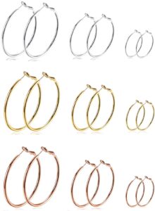 cocamiky 9 pairs big gold hoop earrings for women,surgical steel silver hypoallergenic earrings set with sterling silver post 14k rose gold plated small thin hoop earrings