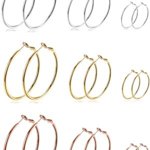 Cocamiky 9 Pairs Big Gold Hoop Earrings for Women,Surgical Steel Silver Hypoallergenic Earrings Set with Sterling Silver Post 14K Rose Gold Plated Small Thin Hoop Earrings