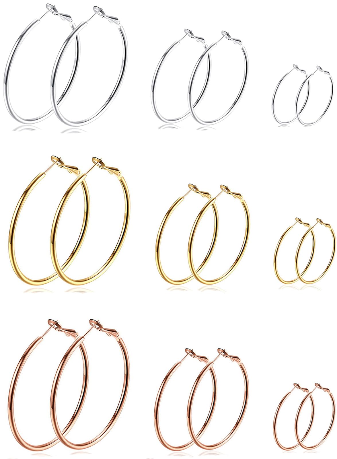 Cocamiky 9 Pairs Big Gold Hoop Earrings for Women,Surgical Steel Silver Hypoallergenic Earrings Set with Sterling Silver Post 14K Rose Gold Plated Small Thin Hoop Earrings