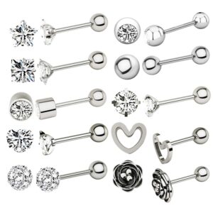 10 Pairs 16g Ear Cartilage Helix Surgical Stainless Steel Cubic Zirconia Stud Cartilage Earrings Huggie Screw Backs Ear Tragus Auricle Cute Love Heart Flower Barbell Piercing Set 4mm (Silver)