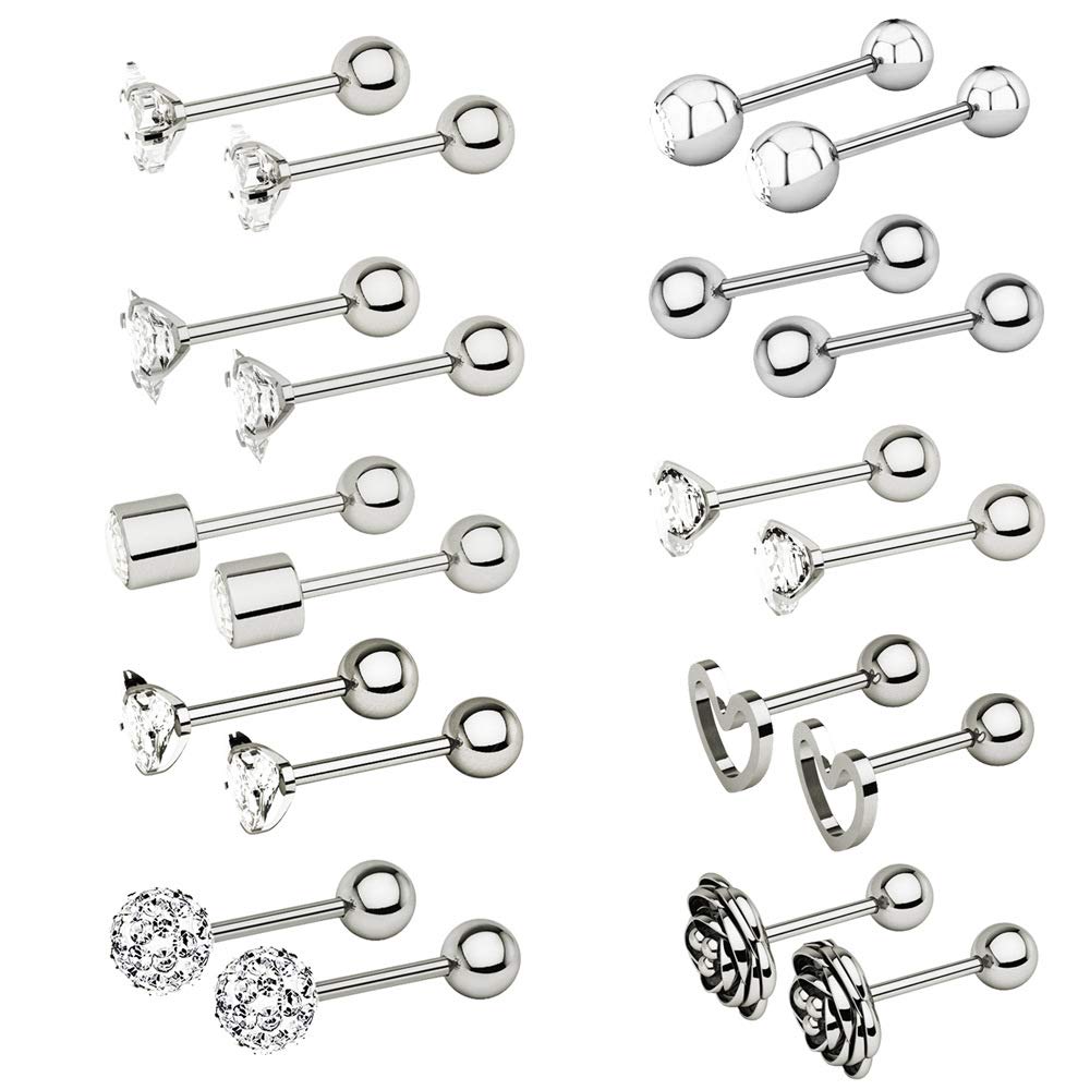 10 Pairs 16g Ear Cartilage Helix Surgical Stainless Steel Cubic Zirconia Stud Cartilage Earrings Huggie Screw Backs Ear Tragus Auricle Cute Love Heart Flower Barbell Piercing Set 4mm (Silver)