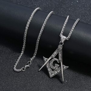 FIZIZDH Stainless Steel Freemason Masonic Pendant Necklace, Unisex, 24 inch Keel Link Chain