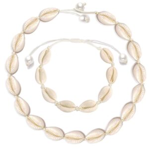 Cilkus Natural Shell Necklace Bracelet Anklet Set, Handmade Adjustable Pearl Buckle Summer Boho Hawaii Beach Seashell Choker Jewelry Gift for Women Girls (White)