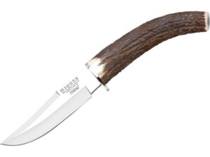 joker hunting knife luchadera cc71, with deer horn handle, blade 4.33 inches, contains brown leather sheath, tool for fishing, hunting, camping and hiking