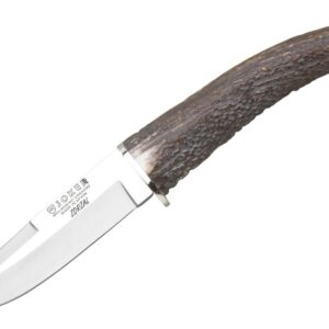 Joker Outdoor Knife Luchadera CC69, Deer Horn Handle, 3.94 inches MOVA Blade, with Brown Leather Sheath, Tool for Fishing, Hunting, Camping and Hiking