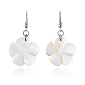 Tropical Plumeria Flower White Kabibe Shell Dangle Earrings