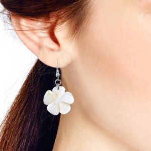 Tropical Plumeria Flower White Kabibe Shell Dangle Earrings