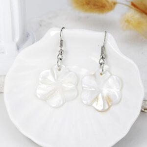 Tropical Plumeria Flower White Kabibe Shell Dangle Earrings