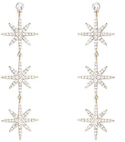 Blingsoul Gold Star Crystal Dangle Earrings – Sparkly Gold Rhinestone Earrings Dangling Style with Hexagram Star Earrings for Women Brides | [J100046] Star Snowflakes | Gold