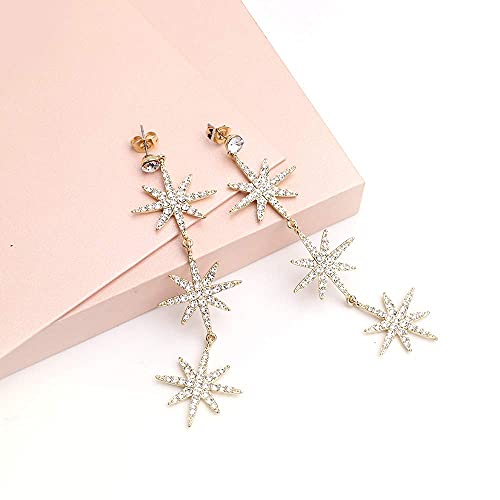 Blingsoul Gold Star Crystal Dangle Earrings – Sparkly Gold Rhinestone Earrings Dangling Style with Hexagram Star Earrings for Women Brides | [J100046] Star Snowflakes | Gold