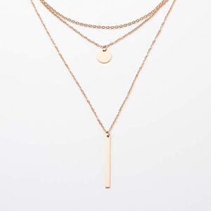 LETTARIUS Disc Bar Pendant Layering Necklace Stainless Steel Rosegold Cute Charm Multi Layered Chain Choker Collar Fashion Statement Jewelry for Women