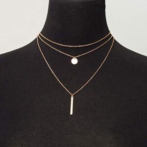 LETTARIUS Disc Bar Pendant Layering Necklace Stainless Steel Rosegold Cute Charm Multi Layered Chain Choker Collar Fashion Statement Jewelry for Women